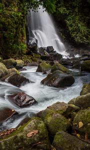 Preview wallpaper waterfall, stones, water, moss, stream, trees