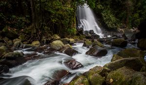 Preview wallpaper waterfall, stones, water, moss, stream, trees