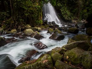 Preview wallpaper waterfall, stones, water, moss, stream, trees