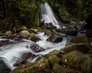 Preview wallpaper waterfall, stones, water, moss, stream, trees
