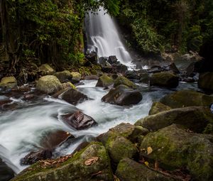 Preview wallpaper waterfall, stones, water, moss, stream, trees