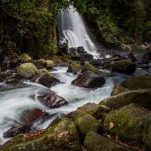 Preview wallpaper waterfall, stones, water, moss, stream, trees