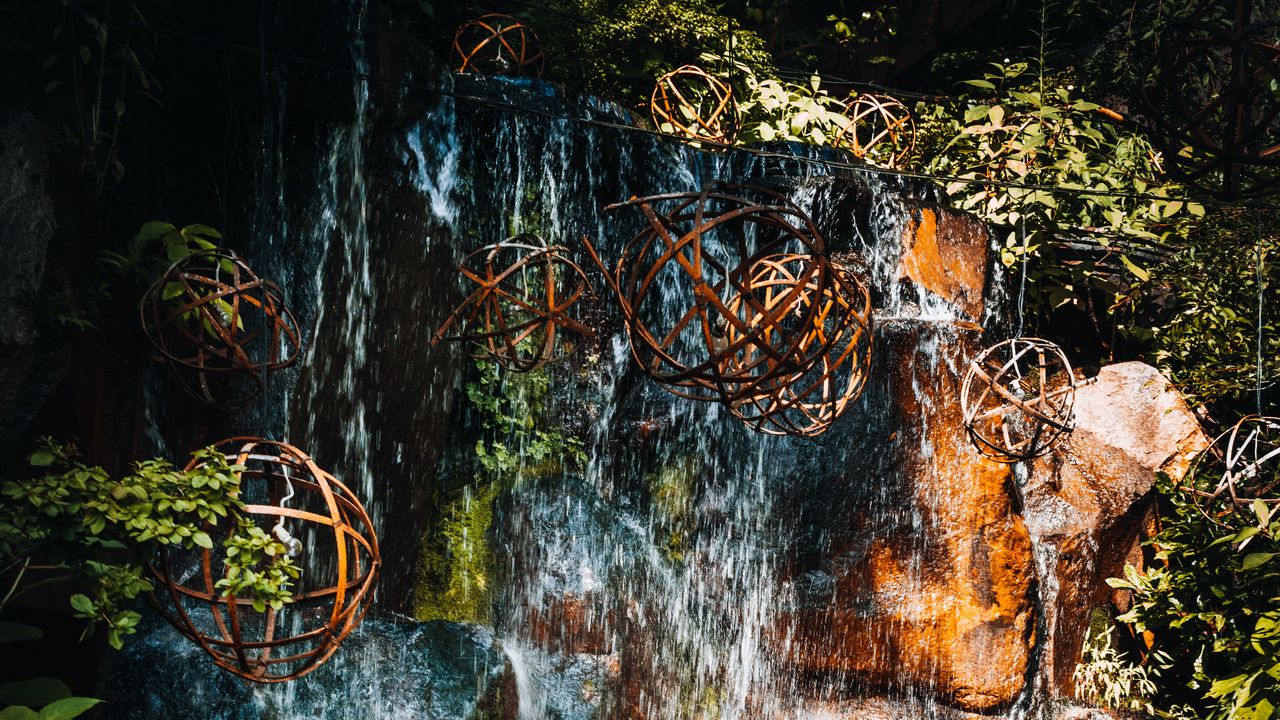 Wallpaper waterfall, stones, water, balls, nature