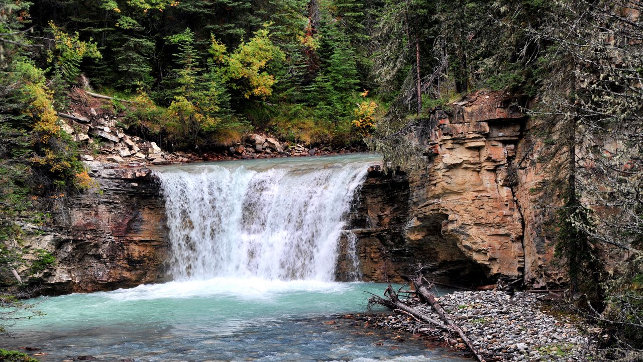 Wallpaper waterfall, stream, bushes, rocks, trees