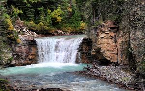 Preview wallpaper waterfall, stream, bushes, rocks, trees