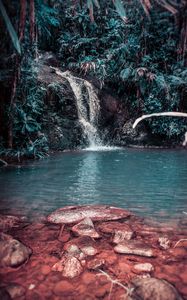 Preview wallpaper waterfall, stream, forest, jungle, tropical, spray, stones