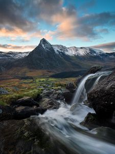 Preview wallpaper waterfall, stream, mountains, water, landscape