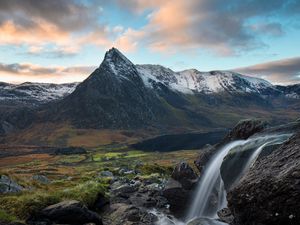 Preview wallpaper waterfall, stream, mountains, water, landscape