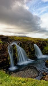 Preview wallpaper waterfall, stream, rock, grasses, horizon