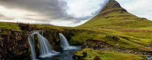 Preview wallpaper waterfall, stream, rock, grasses, horizon