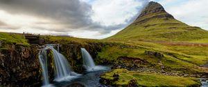 Preview wallpaper waterfall, stream, rock, grasses, horizon