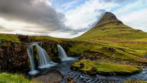 Preview wallpaper waterfall, stream, rock, grasses, horizon