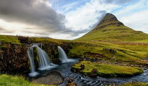 Preview wallpaper waterfall, stream, rock, grasses, horizon