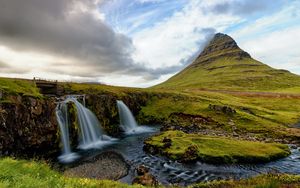 Preview wallpaper waterfall, stream, rock, grasses, horizon