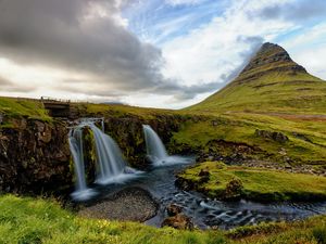 Preview wallpaper waterfall, stream, rock, grasses, horizon