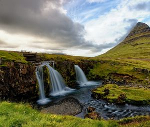 Preview wallpaper waterfall, stream, rock, grasses, horizon