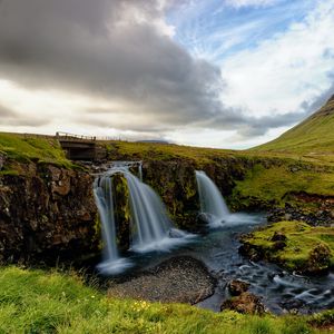 Preview wallpaper waterfall, stream, rock, grasses, horizon