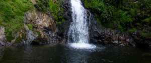 Preview wallpaper waterfall, stream, rock, water, moss, bushes