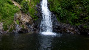 Preview wallpaper waterfall, stream, rock, water, moss, bushes