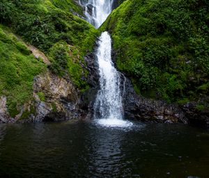 Preview wallpaper waterfall, stream, rock, water, moss, bushes