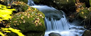 Preview wallpaper waterfall, stream, rocks, leaves