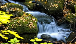 Preview wallpaper waterfall, stream, rocks, leaves