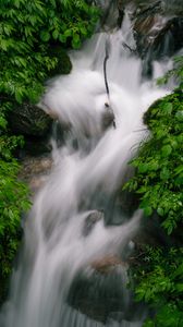 Preview wallpaper waterfall, stream, rocks, nature, green