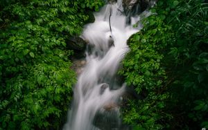 Preview wallpaper waterfall, stream, rocks, nature, green