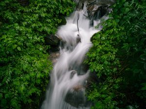 Preview wallpaper waterfall, stream, rocks, nature, green