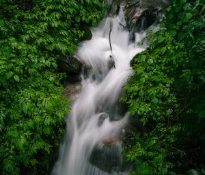 Preview wallpaper waterfall, stream, rocks, nature, green