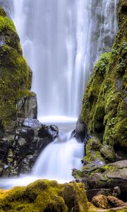 Preview wallpaper waterfall, stream, rocks, moss, stones