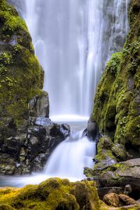 Preview wallpaper waterfall, stream, rocks, moss, stones