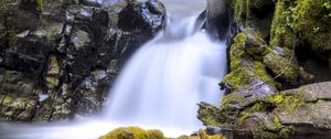 Preview wallpaper waterfall, stream, rocks, moss, stones