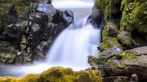 Preview wallpaper waterfall, stream, rocks, moss, stones