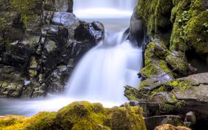 Preview wallpaper waterfall, stream, rocks, moss, stones