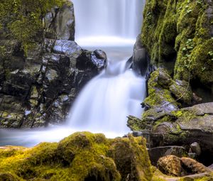 Preview wallpaper waterfall, stream, rocks, moss, stones