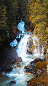 Preview wallpaper waterfall, stream, rocks, stones, trees