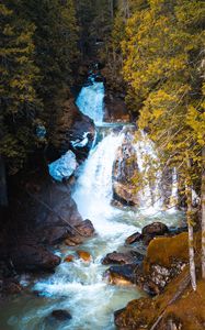 Preview wallpaper waterfall, stream, rocks, stones, trees