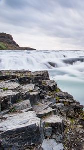 Preview wallpaper waterfall, stream, rocks, stones, sky