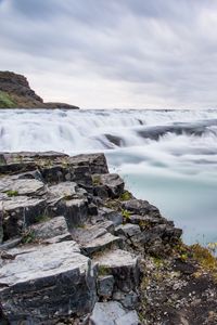 Preview wallpaper waterfall, stream, rocks, stones, sky