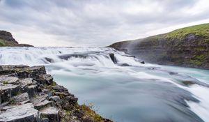 Preview wallpaper waterfall, stream, rocks, stones, sky