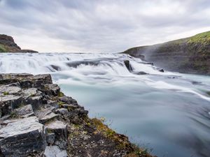 Preview wallpaper waterfall, stream, rocks, stones, sky