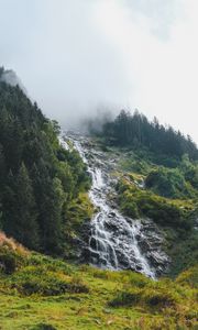 Preview wallpaper waterfall, stream, slope, trees, cloud