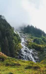 Preview wallpaper waterfall, stream, slope, trees, cloud