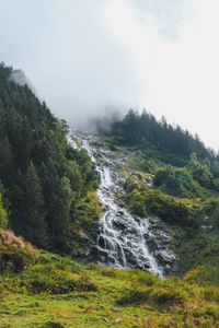 Preview wallpaper waterfall, stream, slope, trees, cloud