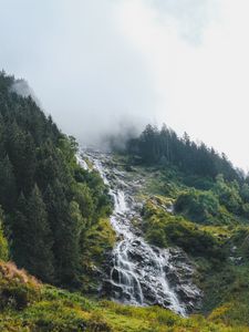 Preview wallpaper waterfall, stream, slope, trees, cloud