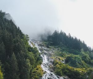 Preview wallpaper waterfall, stream, slope, trees, cloud