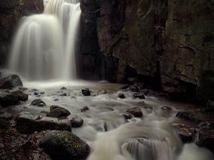 Preview wallpaper waterfall, stream, stones, blocks