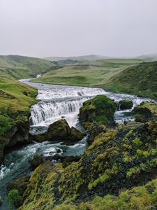 Preview wallpaper waterfall, stream, stones, distance