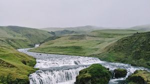 Preview wallpaper waterfall, stream, stones, distance